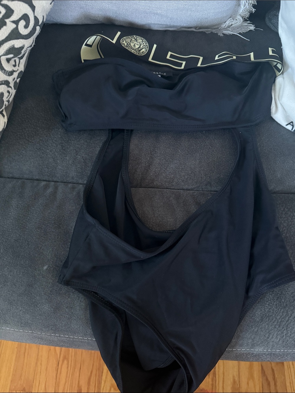 Versace Black Bandeau One-Piece Swimsuit with Logo Waistband